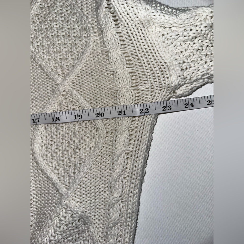 Line & Dot White Cable Knit Sweater Size M Bishop Sleeves Cotton Open Weave Cozy - Picture 6 of 9